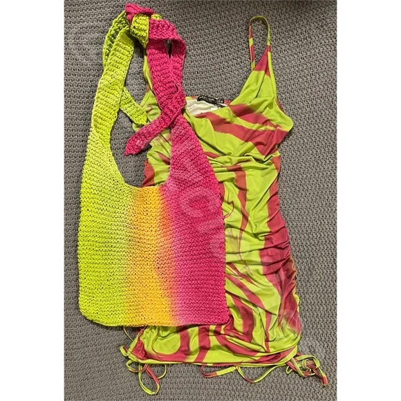 Nasty Gal Lime Green & Hot Pink Marble Print Ruched Cowl Neck Dress NWT - Picture 14 of 14